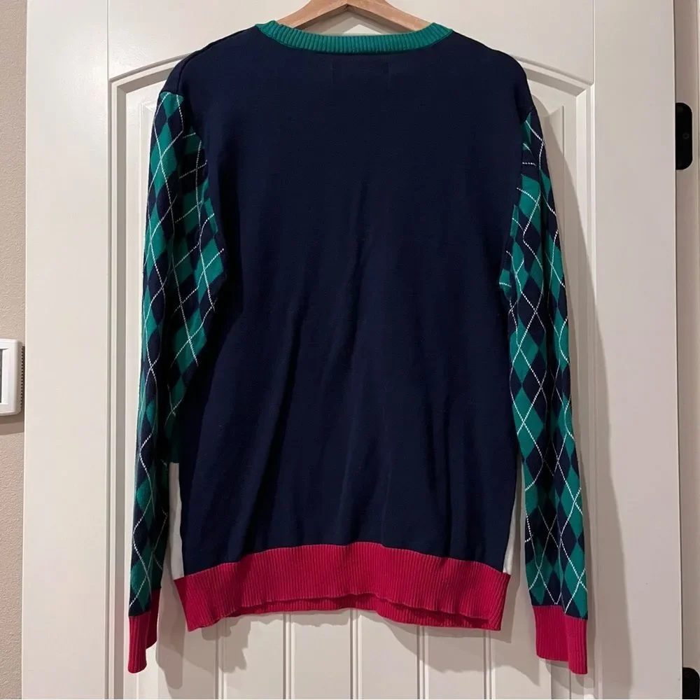 Ugly Christmas Sweater Santa Golfing Crewneck - Navy, Red, and Green Large